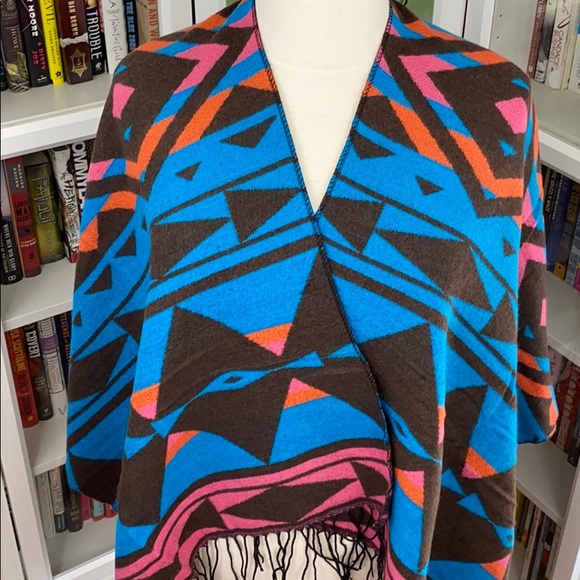 Teal Aztec Ruana Wrap Poncho - Picture 3 of 10